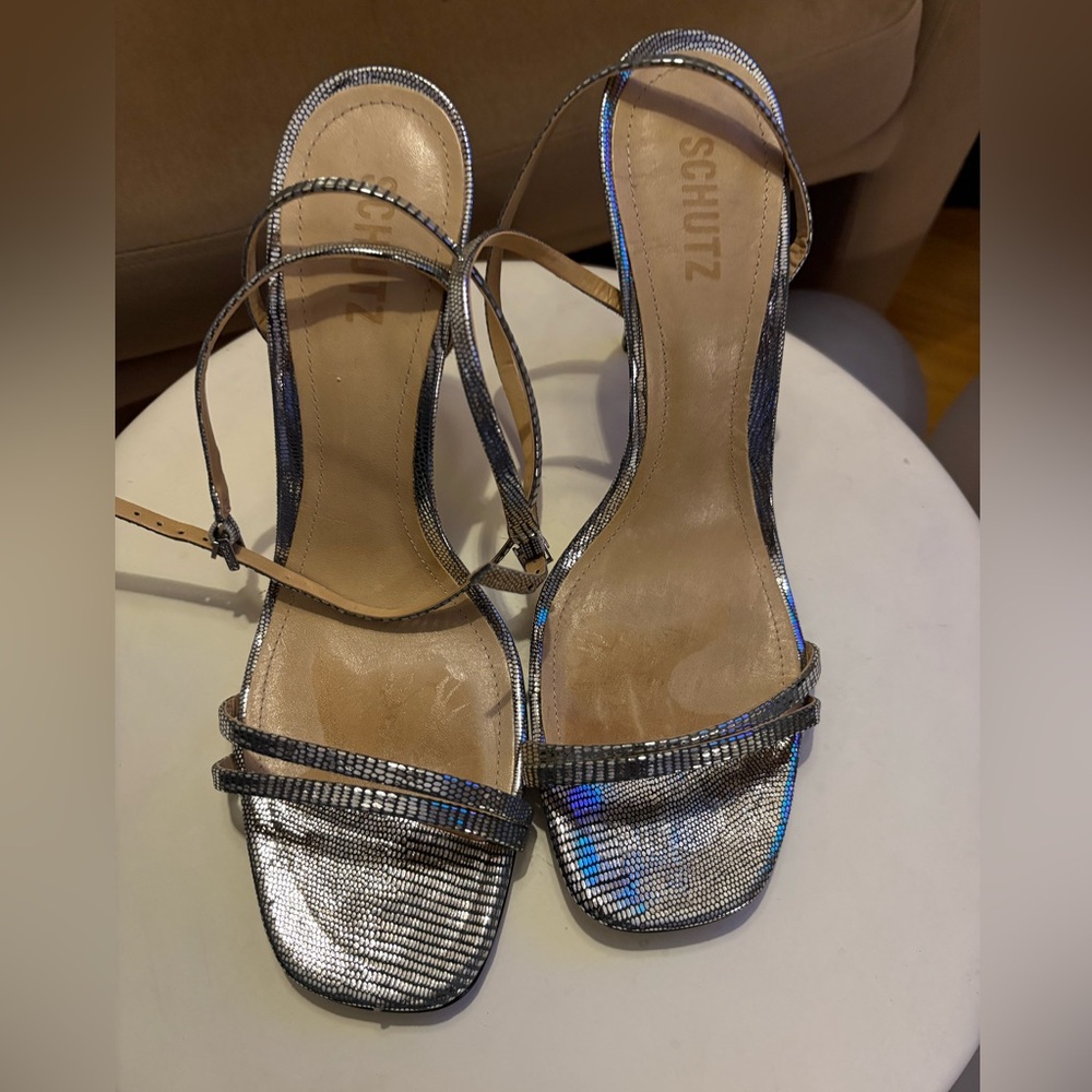 SCHUTZ Metallic Silver Strappy Heels